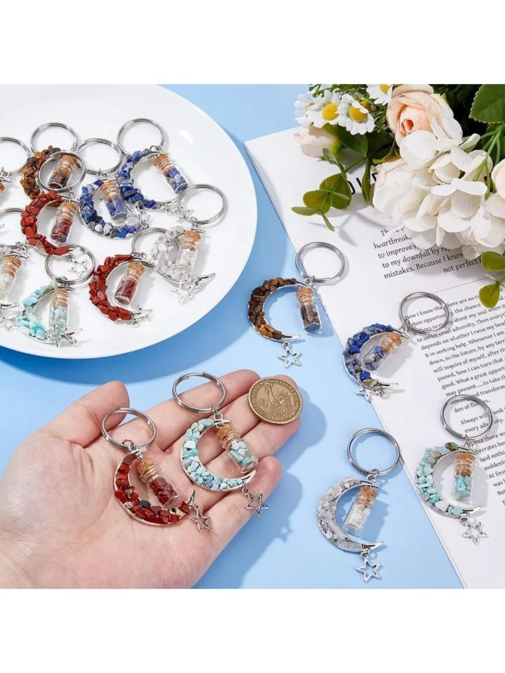 15Pcs Crescent Moon Keychains with Gemstone Charms & Glass Wish Jar - Unique